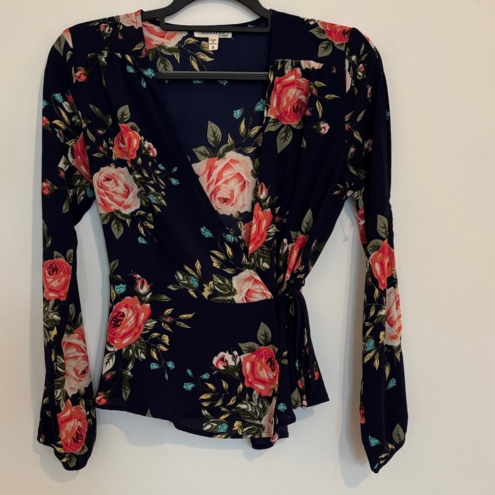 Monteau Navy Floral Wrap Blouse